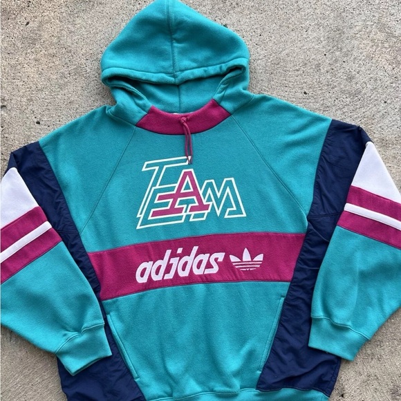 Vintage ADIDAS Team Spell Out trefoil Multi-Color Pullover Hoodie Large Run Dmc - Picture 2 of 5